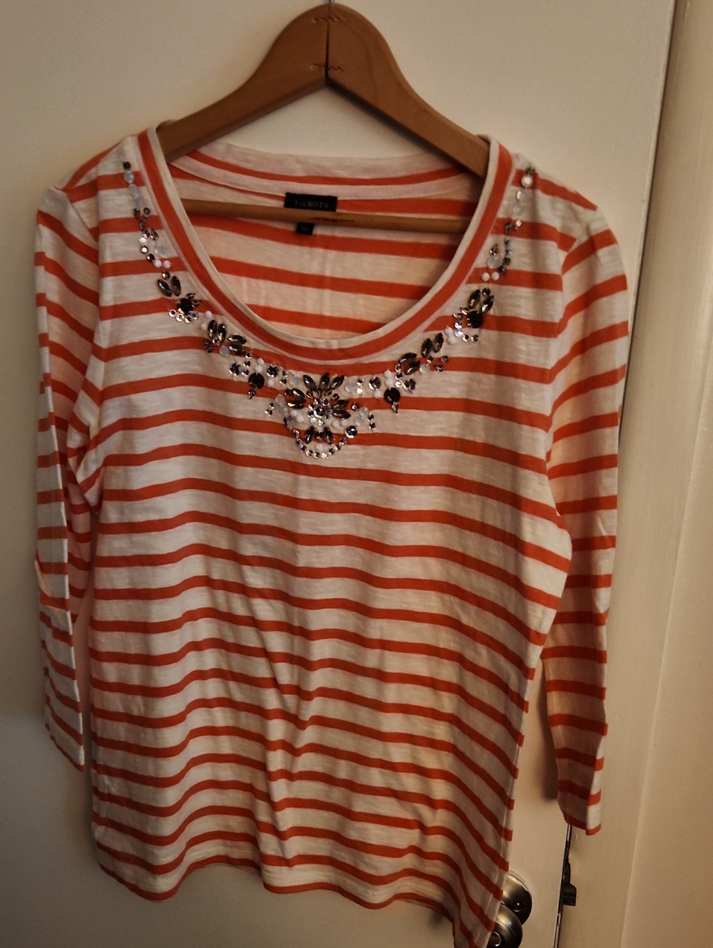 Talbots White and Orange Striped Long-Sleeve Embellished Scoop-Neck Top Medium